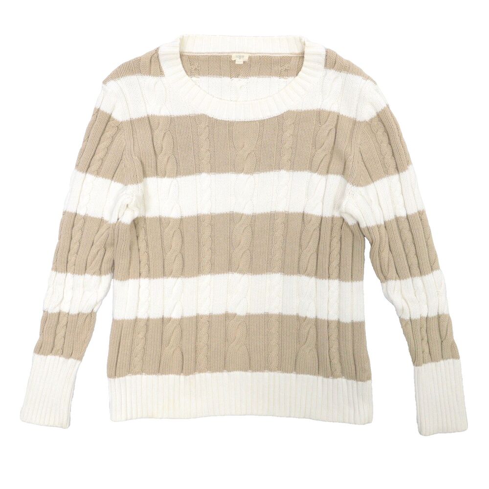J. Crew Crew Neck Sweater White Tan Striped Women's Size Large Fisherman Knit‎